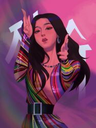 Rule 34 | 1girl, absurdres, aiming, aiming at viewer, animification, belt, black hair, blackpink, chalseu, commentary, cowboy shot, dress, earrings, english commentary, eyeshadow, highres, jewelry, jisoo (blackpink), k-pop, long hair, long sleeves, makeup, multicolored clothes, multicolored dress, necklace, parted lips, real life, solo