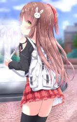 Rule 34 | 1girl, ass, backpack, bag, black shirt, black thighhighs, blue sky, blurry, blurry background, blush, bow, brown hair, building, clothing cutout, cloud, commentary request, day, depth of field, fountain, hair between eyes, hair bow, hair ornament, high ponytail, highres, holding, kouda suzu, long hair, long sleeves, original, outdoors, plaid, plaid skirt, pleated skirt, ponytail, profile, rabbit hair ornament, red bow, red skirt, shirt, shoulder cutout, skirt, sky, solo, standing, thighhighs, very long hair, water, yellow eyes