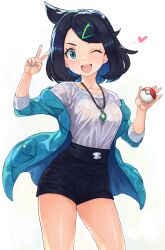 Rule 34 | 1girl, ;d, absurdres, aqua eyes, black hair, black shorts, blush, caee penguin, commentary request, cowboy shot, cowlick, creatures (company), eyelashes, game freak, green jacket, green nails, hair ornament, hairclip, heart, highres, holding, holding poke ball, jacket, liko (pokemon), looking at viewer, medium hair, nail polish, nintendo, off shoulder, one eye closed, open clothes, open jacket, open mouth, poke ball, poke ball (basic), pokemon, pokemon (anime), pokemon horizons, pokemon horizons, shirt, shorts, sleeves past elbows, smile, solo, v, white background