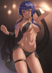 Rule 34 | 1girl, anteiru, arm up, bad id, bad pixiv id, belly dancing, blue eyes, blue hair, breasts, candace (genshin impact), dancer, dark-skinned female, dark skin, forehead jewel, genshin impact, gold choker, gold trim, heterochromia, highres, light, looking at viewer, medium breasts, navel, o-ring, o-ring top, panties, parted lips, short hair with long locks, skindentation, solo, thighlet, underwear, yellow eyes