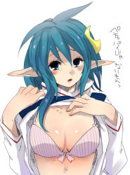 Rule 34 | 1girl, ahoge, ass, bad id, bad pixiv id, blue eyes, blue hair, bra, breasts, cape, clothes lift, crescent, crescent hair ornament, hair ornament, hairclip, hidaka ryou, large breasts, looking at viewer, matching hair/eyes, open mouth, pointy ears, rena lanford, shirt lift, short hair, solo, square enix, star ocean, star ocean the second story, underwear