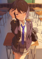 Rule 34 | 1girl, arm up, bad id, bad pixiv id, bag, black hair, blazer, blue necktie, blurry, blush, brown eyes, classroom, closed mouth, collared shirt, depth of field, desk, dress shirt, evening, grey skirt, hair between eyes, half-closed eyes, highres, indoors, jacket, kinta (distortion), leaning on object, light smile, looking at viewer, necktie, open clothes, open jacket, original, plaid, plaid skirt, pleated skirt, school, school bag, school desk, school uniform, shirt, short hair, skirt, smile, solo, striped necktie, striped neckwear, swept bangs, tsurime, white shirt