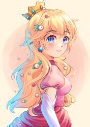 Rule 34 | 1girl, blonde hair, blue eyes, blush, breasts, closed mouth, crown, dress, earrings, elbow gloves, fire flower, flipped hair, from side, gloves, jewelry, long hair, looking at viewer, mario (series), medium breasts, mia mikhail, nintendo, pink dress, princess peach, puffy short sleeves, puffy sleeves, short sleeves, smile, solo, sphere earrings, split mouth, super mario bros. 1, upper body, white gloves