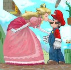Rule 34 | 1boy, 1girl, ? block, bad id, bad pixiv id, blonde hair, blue eyes, blue overalls, brooch, brown footwear, closed eyes, cloud, coin block, crown, dress, earrings, elbow gloves, facial hair, full body, gloves, height difference, hetero, jewelry, kiss, kiss on nose, kissing nose, leaning forward, mario, mario (series), mini crown, mustache, nintendo, outdoors, overalls, pink dress, ponsuke (pon00000), princess peach, puffy short sleeves, puffy sleeves, red headwear, red sweater, short sleeves, sky, standing, super mario bros. 1, sweater, warp pipe, white gloves