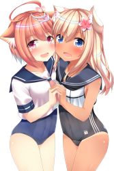 Rule 34 | 10s, 2girls, absurdres, ahoge, animal ears, blonde hair, blush, cat ears, cheek-to-cheek, crop top, flower, go-1, hair flower, hair ornament, holding hands, heads together, highres, i-58 (kancolle), kantai collection, kemonomimi mode, long hair, looking at viewer, multiple girls, one-piece swimsuit, open mouth, pink eyes, pink hair, ro-500 (kancolle), sailor collar, school swimsuit, short hair, simple background, smile, swimsuit, swimsuit under clothes, tan, tanline