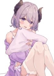 Rule 34 | 1girl, absurdres, blush, brown horns, camisole, commentary request, demon girl, demon horns, feet out of frame, fur-trimmed thighhighs, fur trim, hair between eyes, highres, horns, hugging object, long sleeves, looking at viewer, medium bangs, mole, mole under mouth, nanashi inc., off shoulder, open mouth, pillow, pillow hug, purple camisole, purple eyes, purple hair, purple shirt, purple skirt, saionji mary, shirt, shishishi, short hair, simple background, skirt, smile, solo, thighhighs, transparent background, virtual youtuber, white thighhighs