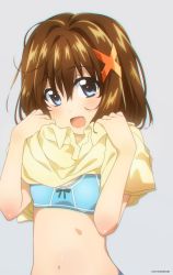 Rule 34 | 1girl, blue bra, blue eyes, blush, bra, brown hair, dressing, hair ornament, hairclip, highres, looking at viewer, lyrical nanoha, mahou shoujo lyrical nanoha, mahou shoujo lyrical nanoha a&#039;s, navel, open mouth, panties, shiny skin, short hair, simple background, smile, solo, syu1, underwear, upper body, white background, yagami hayate