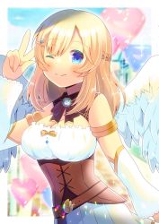 Rule 34 | 1girl, angel, angel wings, blonde hair, blue eyes, blush, braid, breasts, indie virtual youtuber, kirari haruka, kou hiyoyo, long hair, looking at viewer, one eye closed, pale skin, smile, v, virtual youtuber, wings