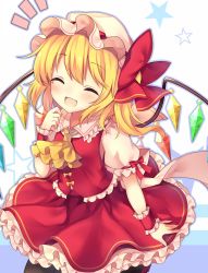 Rule 34 | 1girl, :d, ^ ^, absurdres, ascot, black legwear, blonde hair, blush, bow, closed eyes, commentary request, crystal, fang, flandre scarlet, frilled shirt collar, frills, hair between eyes, hand up, hat, hat bow, head tilt, highres, mob cap, open mouth, petticoat, puffy short sleeves, puffy sleeves, red bow, red eyes, red footwear, red skirt, red vest, ruhika, shadow, shoes, short hair, short sleeves, side ponytail, simple background, skirt, smile, solo, star (symbol), touhou, vest, white background, white hat, wings, wrist cuffs, yellow ascot