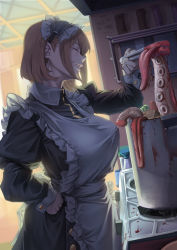 Rule 34 | 1girl, absurdres, apron, bad food, blood, breasts, brown hair, closed eyes, frills, from side, hand on own hip, highres, indoors, kitchen, kitchen hood, large breasts, maid, maid apron, maid headdress, octopus, original, parted lips, short hair, sidelocks, smile, stove, tongs, white apron, wrist cuffs, zuoteng lucha