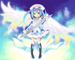 Rule 34 | 1girl, blue hair, blush, child, gradient hair, graphite (medium), green hair, hat, large wings, long hair, looking at viewer, mixed media, multicolored hair, multicolored wings, neon trim, open mouth, oversized object, pixiv, pixiv-tan, smile, solo, stylus, tachitsu teto, tareme, traditional media, twintails, wings