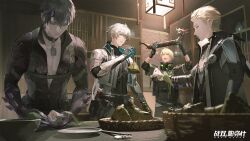 Rule 34 | 4boys, animal collar, artist request, bamboo leaf, belt, blonde hair, blue eyes, bowl, broken horn, camu (punishing: gray raven), chopsticks, chrome (punishing: gray raven), collar, cooking, dragon boat, earrings, food, gloves, grey hair, highres, horns, jacket, jewelry, kamui (punishing: gray raven), lantern, looking at viewer, looking down, low ponytail, mechanical arms, mechanical parts, mole, multiple boys, official art, onigiri, open clothes, open jacket, open shirt, plate, profile, punishing: gray raven, purple eyes, single earring, single horn, smile, sparkle, tassel, vase, wanshi (punishing: gray raven), white hair, window, yellow eyes