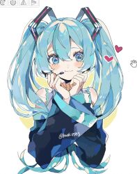 Rule 34 | 1girl, :3, art program in frame, bare shoulders, black sleeves, blue eyes, blue hair, blush, closed mouth, commentary, cropped torso, cursor, detached sleeves, frilled shirt, frills, hair between eyes, hands on own cheeks, hands on own face, hatsune miku, headset, heart, highres, kawasaki (kwsk 8765), long hair, long sleeves, looking at viewer, microphone, shirt, sleeveless, sleeveless shirt, smile, solo, straight-on, twintails, twitter username, vocaloid, white shirt