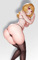 Rule 34 | 1girl, absurdres, armpit crease, ass, bikini, black thighhighs, blonde hair, breasts, cameltoe, cleavage, feet out of frame, from behind, hands up, highres, large breasts, long hair, looking at viewer, looking back, open mouth, original, red eyes, secon, sideboob, simple background, smile, solo, swept bangs, swimsuit, thighhighs, thighs, thong bikini, underboob, wavy hair