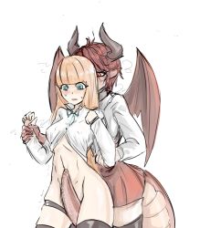 Rule 34 | 2girls, anne (shingeki no bahamut), aqua eyes, aqua neckwear, arm grab, between legs, black horns, black legwear, blunt bangs, blush, bottomless, bow, bowtie, breasts, brown hair, clenched hand, collared shirt, dragon girl, dragon tail, dragon wings, female focus, granblue fantasy, grea (shingeki no bahamut), groin, hands up, holding another&#039;s wrist, horns, interspecies, lazuren, legband, light brown hair, long hair, long sleeves, looking at another, looking down, manaria friends, medium breasts, multiple girls, no panties, open mouth, pleated skirt, pointy ears, red eyes, red skirt, restrained, shingeki no bahamut, shirt, short hair, simple background, skirt, standing, sweat, tail, tail between legs, thighhighs, white background, white shirt, wings, yuri