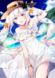 Rule 34 | 1girl, arm up, bare shoulders, beach, blue eyes, blush, boater hat, cowboy shot, day, dress, dutch angle, fate/grand order, fate (series), hizuki miya, leaning forward, long hair, looking at viewer, marie antoinette (fate), marie antoinette (fate/grand order), marie antoinette (swimsuit caster) (fate), marie antoinette (swimsuit caster) (second ascension) (fate), ocean, open mouth, outdoors, palm tree, smile, solo, spaghetti strap, sundress, tree, twintails, very long hair, white dress, white hair