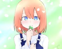 Rule 34 | 1girl, blush, closed mouth, clover, collarbone, eyebrows hidden by hair, four-leaf clover, go-toubun no hanayome, hair between eyes, hand up, highres, holding, kujou karasuma, long sleeves, looking at viewer, nakano yotsuba, overalls, shirt, signature, smile, solo, upper body, white shirt