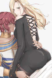 Rule 34 | 1boy, 1girl, artist name, ass, bare shoulders, blonde hair, blush, bodysuit, breasts, closed eyes, couple, dark skin, dohalim (tales), earrings, gloves, highres, huge ass, jewelry, kisara (tales), long hair, looking at viewer, medium breasts, red hair, shiny clothes, shiny skin, short hair, sideboob, sitting, sitting on lap, sitting on person, skin tight, sp mino, tales of (series), tales of arise