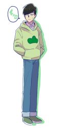 Rule 34 | 10s, 1boy, 35 samo, :&lt;, brown hair, character name, denim, hands in pocket, hands in pockets, hood, hoodie, jeans, layered clothes, looking to the side, male focus, matsuno choromatsu, osomatsu-kun, osomatsu-san, pants, pants rolled up, simple background, solo, standing, sweatdrop, white background