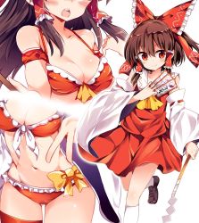 Rule 34 | 1girl, ascot, bare shoulders, between fingers, bikini, blush, bow, breasts, brown hair, cleavage, commentary request, detached sleeves, frills, gohei, hair bow, hair tubes, hakurei reimu, highres, holding, kneehighs, looking at viewer, maturiuta sorato, medium breasts, multiple views, ofuda, open mouth, red bikini, red bow, red eyes, red shirt, red skirt, shirt, shoes, simple background, skirt, sleeveless, sleeveless shirt, smile, socks, swimsuit, thighs, touhou, white background, white socks, yellow ascot, yellow bow