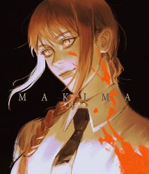 Rule 34 | 12pmn, 1girl, artist name, black background, blood, blood on clothes, blood on face, blood splatter, braid, brown hair, chainsaw man, character name, collared shirt, eyelashes, hair between eyes, light smile, lips, long hair, makima (chainsaw man), necktie, ponytail, shirt, solo, unusual pupils, watermark, white shirt, yellow eyes