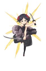 Rule 34 | 1girl, armband, black eyes, black hair, black legwear, crossed arms, dual wielding, fighting stance, flower, full body, hair flower, hair ornament, highres, holding, holding sword, holding weapon, katana, looking at viewer, official art, princess principal, princess principal game of mission, short hair, solo, sword, toudou chise, transparent background, weapon