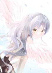 Rule 34 | 1girl, angel, angel beats!, angel wings, black skirt, blush, commentary, english commentary, expressionless, eyelashes, falling feathers, feathers, head tilt, highres, long hair, looking at viewer, school uniform, shirt, sidelocks, simple background, skirt, solo, takepoison, tenshi (angel beats!), v-shaped eyebrows, very long hair, white background, white feathers, white hair, white shirt, wings, yellow eyes