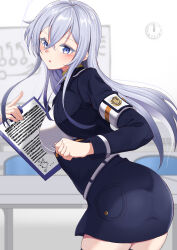 Rule 34 | 1girl, 86 -eightysix-, a10 (avxv8374), absurdres, ahoge, blue eyes, breasts, clock, grey hair, hair between eyes, highres, holding, holding notepad, large breasts, long hair, long sleeves, looking back, notepad, open mouth, solo, uniform, vladilena millize, whiteboard