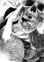 Rule 34 | 1girl, artist name, bow, crazy eyes, crazy smile, frilled sleeves, frills, graphite (medium), greyscale, hane (azelye), hat, hat bow, highres, holding, holding skull, horror (theme), komeiji koishi, looking at viewer, monochrome, short hair, signature, skull, smile, solo, teeth, touhou, traditional media, upper body