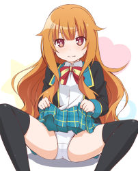Rule 34 | 10s, 1girl, amatsuka mao, black thighhighs, blazer, blush, brown hair, clothes lift, crescent, fang, fang out, gj-bu, hair flaps, heart, jacket, long hair, looking at viewer, orange hair, panties, plaid, plaid skirt, purple eyes, red eyes, school uniform, simple background, sitting, skirt, skirt lift, smile, solo, spread legs, star (symbol), sweat, thighhighs, underwear, upskirt, wet spot, white panties, youkan