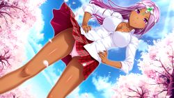 Rule 34 | 1girl, alternate costume, breasts, chain, cherry blossoms, circlet, cleavage, clothes lift, cloud, cloudy sky, collarbone, contemporary, covered erect nipples, dark-skinned female, dark skin, day, dragon academy 2, dragon quest, dragon quest iv, dress shirt, dutch angle, earrings, female focus, floating hair, from below, game cg, gem, hands on own hips, headdress, jewelry, large breasts, light rays, light smile, long hair, looking at viewer, manya (dq4), miniskirt, no bra, non-web source, outdoors, panties, pantyshot, petals, pink panties, plaid, plaid skirt, pleated skirt, purple eyes, purple hair, red skirt, school uniform, shirt, skirt, skirt lift, sky, sleeves rolled up, smile, solo, st.germain-sal, standing, sunbeam, sunlight, tree, underwear, wind, wind lift
