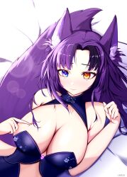 Rule 34 | 1girl, absurdres, animal ear fluff, animal ears, artist name, awful queen (vtuber), blush, breasts, fox ears, fox girl, fox tail, heterochromia, highres, indie virtual youtuber, large breasts, mole, mole under eye, monster girl, on bed, purple hair, purple tail, tail, umede