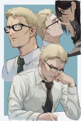 Rule 34 | 2boys, alternate costume, bespectacled, blonde hair, blush, brown hair, collage, collared shirt, eren yeager, eye contact, facial hair, glasses, goatee stubble, highres, large pectorals, long hair, looking at another, male focus, motion lines, multiple boys, mustache stubble, necktie, pectorals, reiner braun, removing eyewear, salaryman, shingeki no kyojin, shirt, short hair, sssida3, stubble, upper body, wavy mouth, writing, yaoi