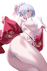 Rule 34 | 1girl, ass, azur lane, blush, branch, breasts, chinese clothes, choker, commission, cosplay, glorious (azur lane), glorious (azur lane) (cosplay), glorious (pungent plum) (azur lane), hair ornament, hair stick, hands up, highres, kaneko (bblogtinhan), large breasts, long hair, looking at viewer, navel, official alternate costume, parted lips, pixiv commission, ponytail, red choker, revealing clothes, sidelocks, simple background, sleeves past wrists, solo, white background, white hair, wide sleeves