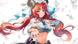 Rule 34 | 1girl, absurdres, aqua eyes, bare shoulders, breasts, brooch, circlet, closed mouth, crop top, detached sleeves, floating hair, forehead jewel, genshin impact, gold trim, highres, horns, jewelry, kinyouny, long hair, long sleeves, low twintails, medium breasts, navel, neck ring, nilou (genshin impact), outstretched hand, parted bangs, puffy long sleeves, puffy sleeves, red hair, simple background, skirt, smile, stomach, twintails, upper body, vambraces, veil, water, white background