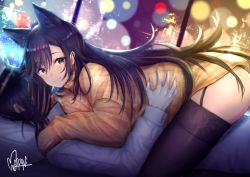 Rule 34 | 1boy, 1girl, animal ears, atago (azur lane), azur lane, black hair, black thighhighs, blurry, blush, bokeh, breasts, brown eyes, brown sweater, casual, city lights, closed mouth, commander (azur lane), commentary request, depth of field, dress, extra ears, girl on top, gloves, hair ornament, hair ribbon, hat, highres, indoors, large breasts, long hair, long sleeves, looking at viewer, lying, mappaninatta, military, military uniform, mole, mole under eye, night, peaked cap, ribbon, signature, smile, sweater, sweater dress, swept bangs, thighhighs, turtleneck, turtleneck sweater, uniform, white ribbon, window