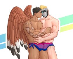 Rule 34 | 2boys, abs, artificial eye, bara, bisexual flag, bisexual flag print, bisexual male, blonde hair, blue male swimwear, brown feathers, bulge, bulge press, bulges touching, canadian flag print, commission, couple, dark-skinned male, dark skin, feathered wings, feathers, feet out of frame, flag print, hair slicked back, hand on another&#039;s shoulder, highres, indie virtual youtuber, large pectorals, lgbt pride, male focus, male swimwear, mask, masked himbo (silvyspark), mature male, mechanical eye, mlacc, multiple boys, muscular, muscular male, nipple stimulation, nipple tweak, nipples, one eye closed, original, pectorals, pink moon stick, print male swimwear, purple male swimwear, second-party source, short hair, shoulder tattoo, sideburns, standing, stomach, swim briefs, tattoo, thick eyebrows, thick thighs, thighs, tongue, tongue out, topless male, virtual youtuber, wings, yaoi
