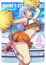 Rule 34 | 1girl, :d, arm up, bare shoulders, blue eyes, blue hair, boku no hero academia, breasts, cheerleader, commentary, crop top, english commentary, english text, hadou nejire, hand up, large breasts, long hair, looking at viewer, miniskirt, mixed-language commentary, navel, open mouth, orange skirt, pink footwear, pleated skirt, pom pom (cheerleading), redjet, shirt, shoes, skirt, smile, socks, solo, speech bubble, white socks