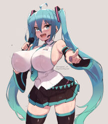 Rule 34 | 1girl, alternate breast size, aqua eyes, aqua hair, aqua necktie, breasts, detached sleeves, grey background, hatsune miku, headset, large breasts, long hair, magister, necktie, skirt, sleeveless, solo, twintails, twitter, very long hair, vocaloid