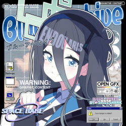 Rule 34 | 1girl, anchorage akiko, aris (blue archive), black hair, black hairband, black jacket, blue archive, blue eyes, blue necktie, blue sky, blush, character name, closed mouth, cloud, cloudy sky, collared shirt, commentary request, copyright name, english text, hair between eyes, hairband, halo, hand up, jacket, long hair, long hair between eyes, long sleeves, looking at viewer, necktie, one side up, open clothes, open jacket, outline, puffy long sleeves, puffy sleeves, shirt, sky, smile, solo, white outline, white shirt, window (computing)