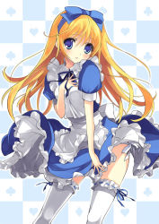 Rule 34 | 1girl, alice (alice in wonderland), alice in wonderland, apron, bad id, bad pixiv id, blonde hair, blue eyes, bow, checkered background, dress, frilled thighhighs, frills, hair bow, hand on own chest, long hair, panties, ribbon, side-tie panties, solo, thighhighs, underwear, white panties, white thighhighs, yukiwo