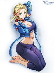 Rule 34 | 1girl, ahoge, artist name, barefoot, blonde hair, blue eyes, blue jacket, blush, breasts, cammy white, choker, dated, fingerless gloves, gloves, jacket, looking at viewer, medium breasts, mina cream, pants, red gloves, scar, signature, street fighter, yoga pants