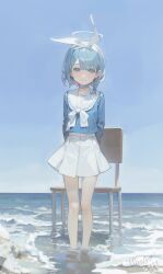 Rule 34 | 1girl, arms behind back, arona (blue archive), blue archive, blue eyes, blue hair, blue shirt, blue sky, bow, braid, chair, choker, closed mouth, collarbone, commentary, commentary request, darkzmonsty, day, english commentary, hair ribbon, hairband, highres, horizon, long sleeves, multicolored hair, ocean, outdoors, pink hair, pleated skirt, puffy long sleeves, puffy sleeves, ribbon, sailor collar, shirt, skirt, sky, smile, solo, standing, two-tone hair, wading, water, white bow, white choker, white hairband, white ribbon, white sailor collar, white skirt