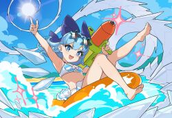 Rule 34 | 1girl, :d, absurdres, afloat, barefoot, beach, bikini, blue bikini, blue bow, blue eyes, blue hair, bow, breasts, chinese commentary, cirno, commentary request, day, devilkillerx, eyewear on head, frilled bikini, frills, hair bow, highres, ice, ice wings, looking at viewer, novelty glasses, on innertube, open mouth, pointing, short hair, small breasts, smile, solo, star-shaped eyewear, star (symbol), sun, swim ring, swimsuit, touhou, touhou lost branch of legend, water, water gun, wings