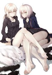 Rule 34 | 2girls, ahoge, artoria pendragon (all), artoria pendragon (fate), ass, bad anatomy, barefoot, batatata77, belt, black dress, black panties, blonde hair, cavall the 2nd, crossed legs, dog, dress, fate/grand order, fate (series), feet, feet together, hair between eyes, hair ornament, hair ribbon, highres, hood, hoodie, jacket, jeanne d&#039;arc (fate), jeanne d&#039;arc (ruler) (fate), jeanne d&#039;arc alter (fate), jeanne d&#039;arc alter (ver. shinjuku 1999) (fate), jewelry, legs, looking at viewer, multiple girls, necklace, official alternate costume, panties, platinum blonde hair, ponytail, ribbon, saber (fate), saber alter, saber alter (ver. shinjuku 1999) (fate), short dress, short hair, short shorts, shorts, sitting, soles, thighs, toes, underwear, white background, yellow eyes
