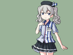 Rule 34 | 1girl, alternate breast size, black skirt, blue eyes, character name, collared shirt, commentary, cowboy shot, employee uniform, english commentary, flat chest, green background, id card, kantai collection, kashima (kancolle), lawson, looking at viewer, miniskirt, one-hour drawing challenge, pleated skirt, shirt, sidelocks, silver hair, simple background, sixten, skirt, smile, solo, standing, striped clothes, striped shirt, twintails, uniform, wavy hair