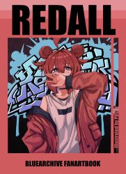 Rule 34 | 1girl, absurdres, ahoge, alternate costume, artist name, black choker, blue archive, blue eyes, choker, cover, cover page, double bun, graffiti, hair between eyes, hair bun, highres, jacket, long sleeves, looking at viewer, maki (blue archive), off shoulder, open clothes, open jacket, paint on fingers, paint splatter, paint splatter on face, pusen (puuu sen555), red hair, red jacket, short hair, solo, tank top, upper body