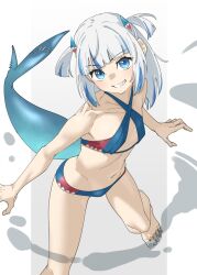 Rule 34 | 1girl, adapted costume, bare arms, bare legs, bare shoulders, barefoot, blue eyes, blue hair, blue nails, blunt bangs, breasts, collarbone, commentary, fins, fish tail, gawr gura, grin, highres, hololive, hololive english, long hair, looking at viewer, multicolored hair, nail polish, navel, shark tail, sharp teeth, simple background, small breasts, smile, solo, streaked hair, tail, tanabe (fueisei), teeth, toenail polish, toenails, two-tone hair, two side up, virtual youtuber, white background, white hair