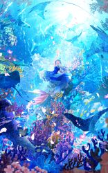 Rule 34 | 1girl, absurdres, air bubble, blue dress, blue eyes, blue hair, bubble, caustics, coral, day, dress, fish, floating hair, from below, highres, light rays, long hair, looking up, makoron117117, manta ray, mermaid, monster girl, nature, original, outdoors, outstretched arm, reaching, scenery, sidelocks, sleeveless, sleeveless dress, solo, underwater, very long hair, very wide shot, water