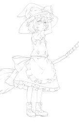 Rule 34 | 1girl, alternate hairstyle, apron, ema20, female focus, greyscale, hand on headwear, hat, highres, kirisame marisa, lineart, mary janes, monochrome, shoes, short hair, solo, standing, touhou, witch, witch hat, wrist cuffs